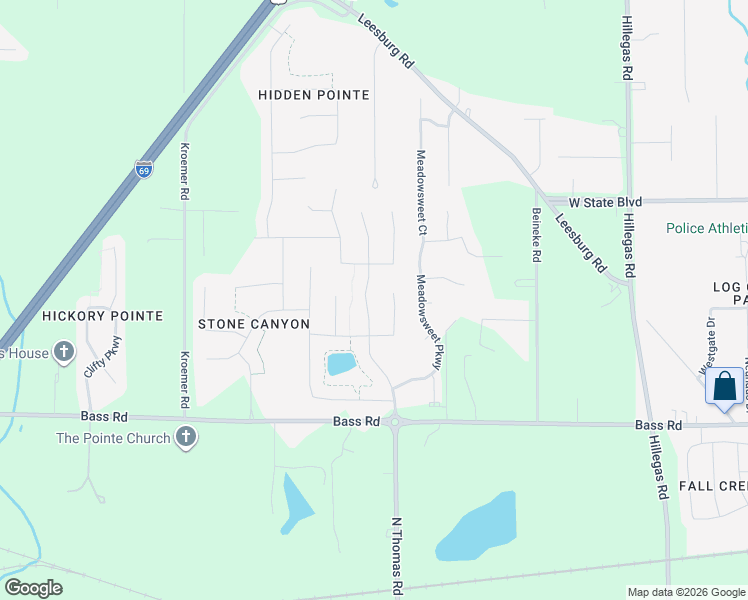 map of restaurants, bars, coffee shops, grocery stores, and more near 1932 Morgan Creek Drive in Fort Wayne