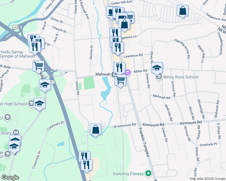 map of restaurants, bars, coffee shops, grocery stores, and more near 20 South Railroad Avenue in Mahwah