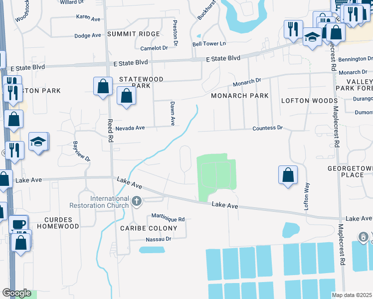 map of restaurants, bars, coffee shops, grocery stores, and more near 1525 Flagstone Drive in Fort Wayne