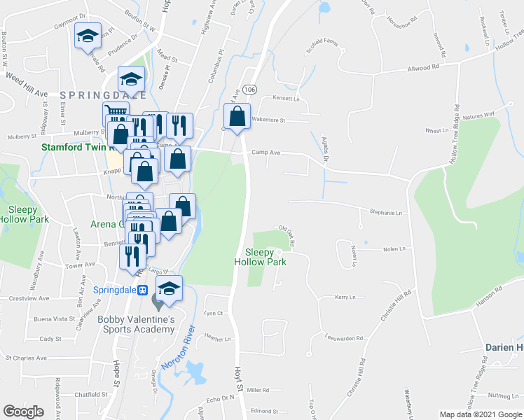 map of restaurants, bars, coffee shops, grocery stores, and more near 213 Hoyt Street in Darien
