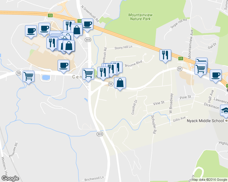 map of restaurants, bars, coffee shops, grocery stores, and more near 4 Old Nyack Turnpike in Nyack