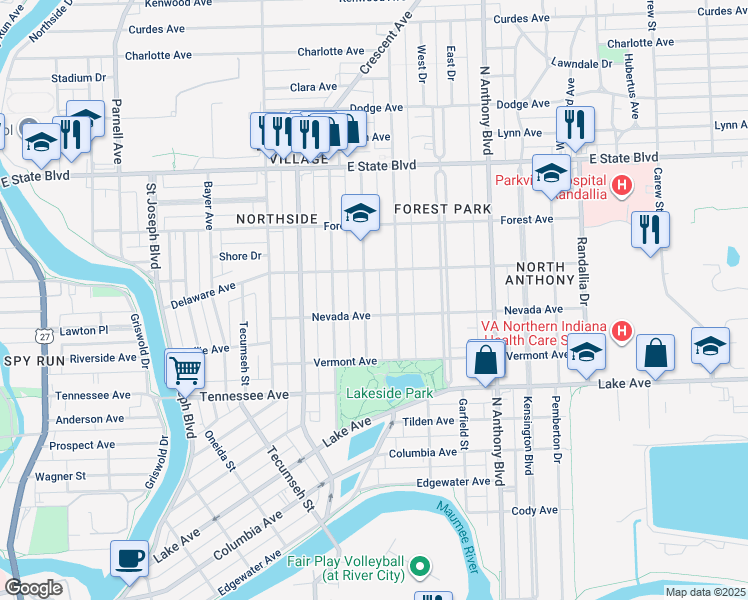 map of restaurants, bars, coffee shops, grocery stores, and more near 1816 Alabama Avenue in Fort Wayne