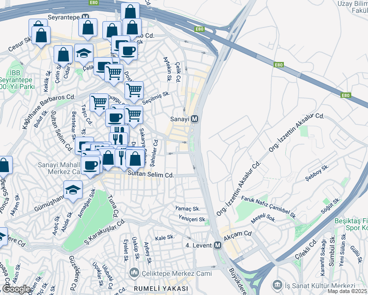 map of restaurants, bars, coffee shops, grocery stores, and more near 61 Eski Büyükdere Caddesi in Kâğıthane