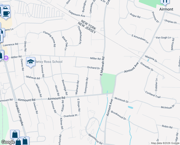 map of restaurants, bars, coffee shops, grocery stores, and more near 33 Sunnyside Road in Mahwah