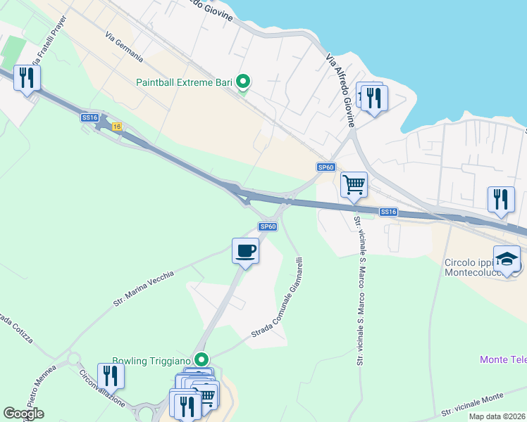 map of restaurants, bars, coffee shops, grocery stores, and more near 114 Via Giovanni Gentile in Bari