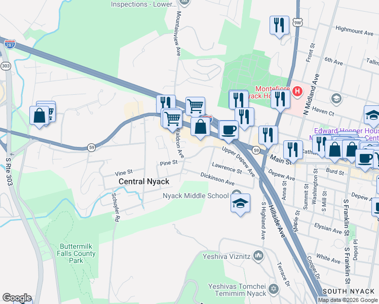 map of restaurants, bars, coffee shops, grocery stores, and more near 22 Upper Depew Avenue in Nyack