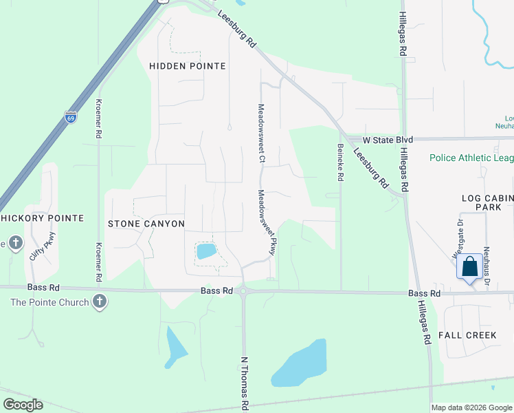 map of restaurants, bars, coffee shops, grocery stores, and more near 2019 Meadowsweet Parkway in Fort Wayne