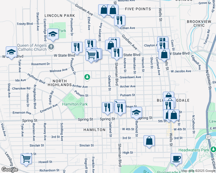 map of restaurants, bars, coffee shops, grocery stores, and more near 1006 Archer Avenue in Fort Wayne