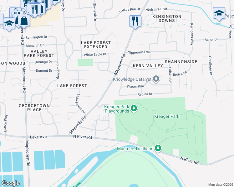 map of restaurants, bars, coffee shops, grocery stores, and more near 1523 Echo Lane in Fort Wayne