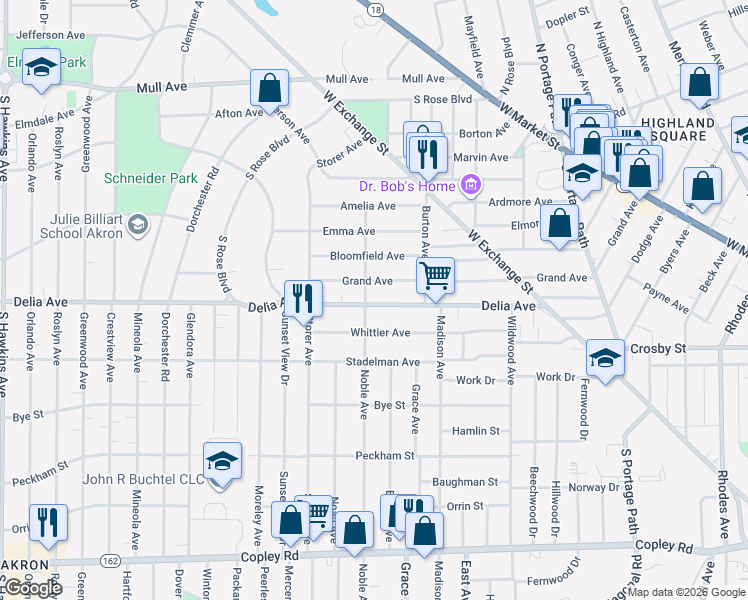 map of restaurants, bars, coffee shops, grocery stores, and more near 1037 Delia Avenue in Akron