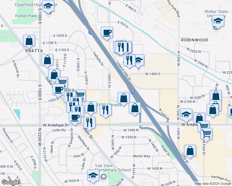 map of restaurants, bars, coffee shops, grocery stores, and more near 2250 North 1700 West in Layton