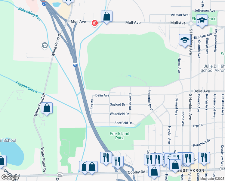 map of restaurants, bars, coffee shops, grocery stores, and more near 1196 Thorndale Drive in Akron