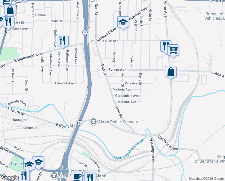 map of restaurants, bars, coffee shops, grocery stores, and more near 663 Dan Street in Akron