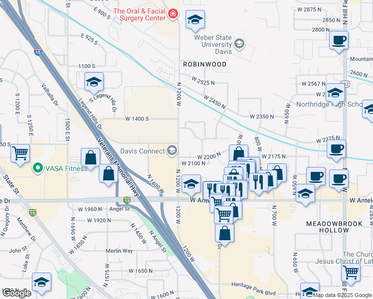 map of restaurants, bars, coffee shops, grocery stores, and more near 2223 North 1150 West in Layton
