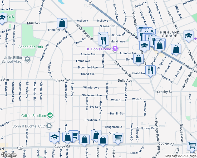 map of restaurants, bars, coffee shops, grocery stores, and more near 999 Delia Avenue in Akron