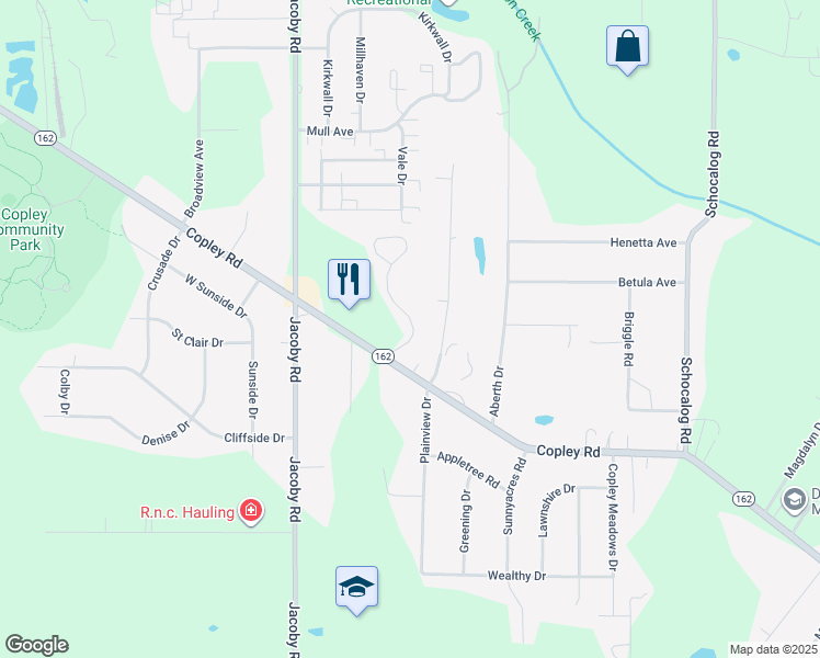 map of restaurants, bars, coffee shops, grocery stores, and more near 1360 Meadow Run in Akron