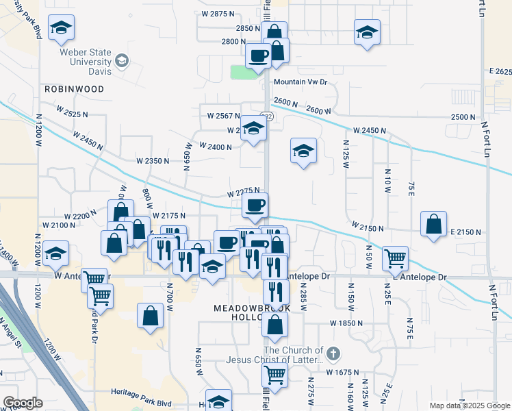 map of restaurants, bars, coffee shops, grocery stores, and more near 2234 North Hill Field Road in Layton