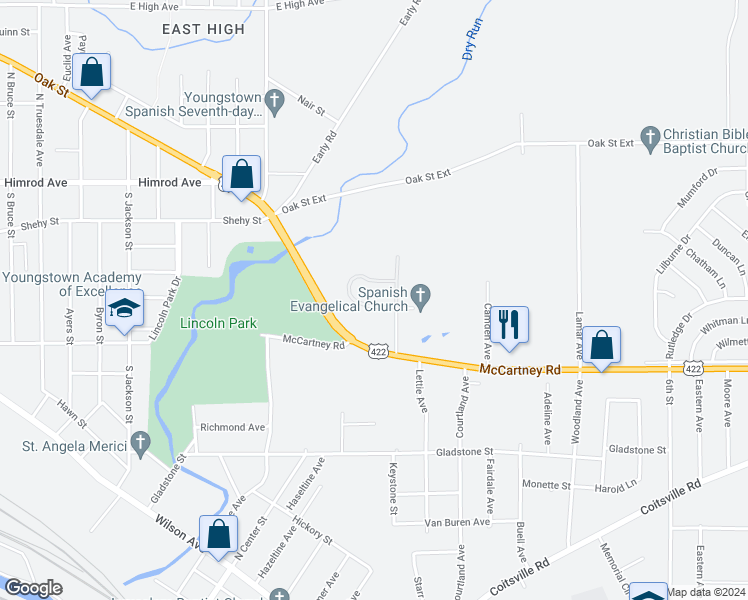map of restaurants, bars, coffee shops, grocery stores, and more near 2 Kendis Circle in Youngstown