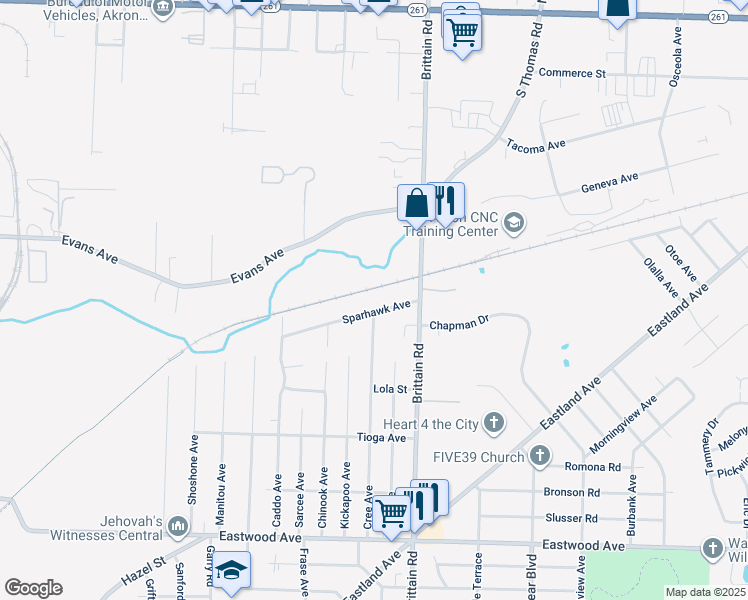 map of restaurants, bars, coffee shops, grocery stores, and more near 1341 Sparhawk Avenue in Akron