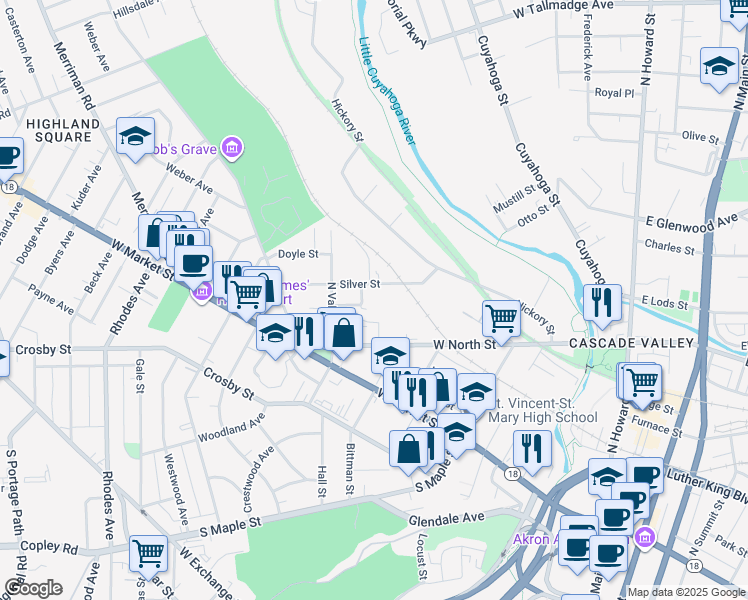 map of restaurants, bars, coffee shops, grocery stores, and more near 294 1/2 Silver Street in Akron