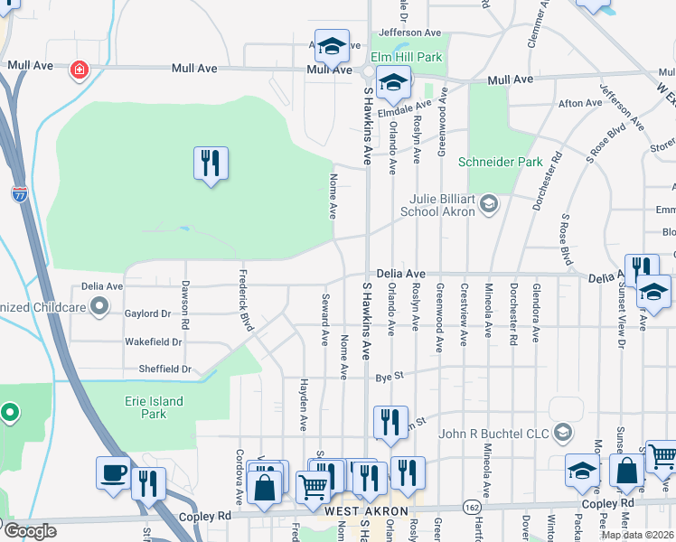 map of restaurants, bars, coffee shops, grocery stores, and more near 1531 Delia Avenue in Akron