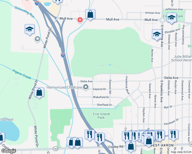 map of restaurants, bars, coffee shops, grocery stores, and more near 1196 Thorndale Drive in Akron