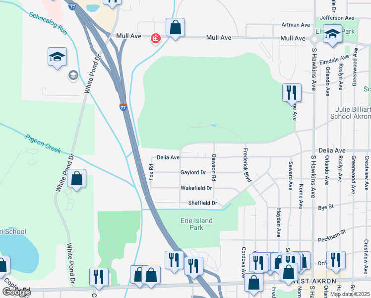 map of restaurants, bars, coffee shops, grocery stores, and more near 1196 Thorndale Drive in Akron