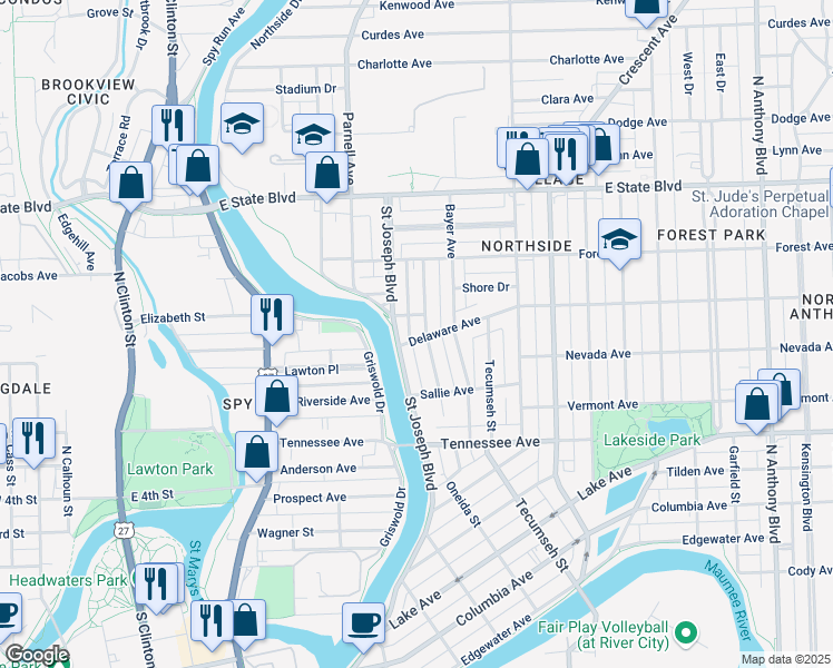 map of restaurants, bars, coffee shops, grocery stores, and more near 1810 Saint Joseph Boulevard in Fort Wayne