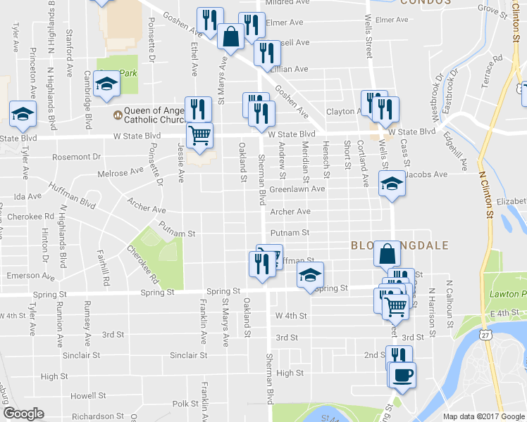 map of restaurants, bars, coffee shops, grocery stores, and more near 830 Archer Avenue in Fort Wayne