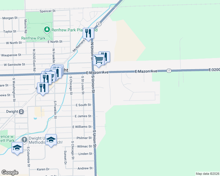 map of restaurants, bars, coffee shops, grocery stores, and more near 110 South John Street in Dwight