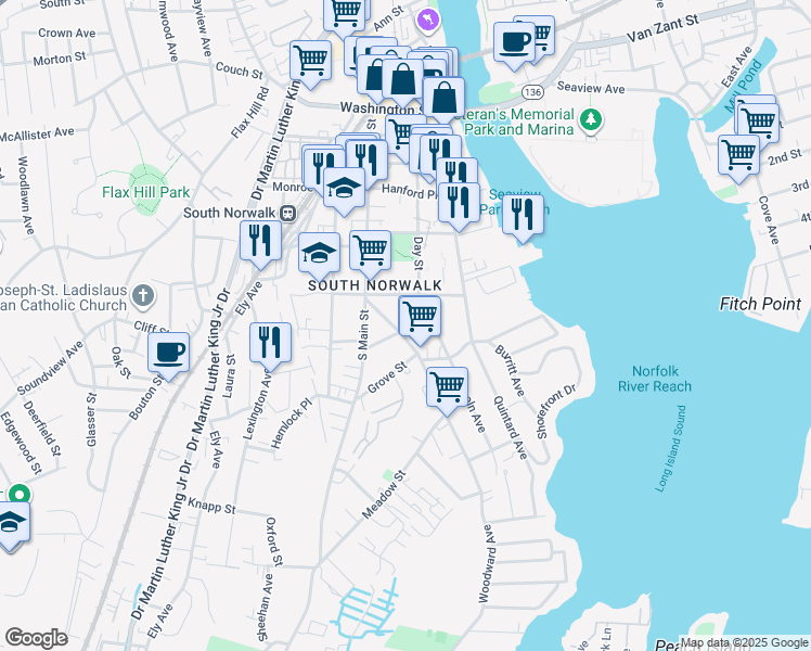 map of restaurants, bars, coffee shops, grocery stores, and more near 22-24 Woodward Avenue in Norwalk