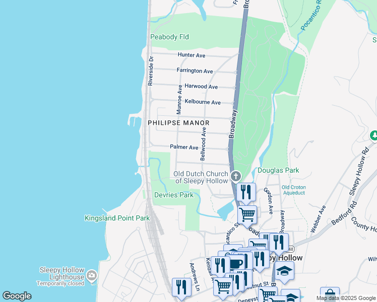 map of restaurants, bars, coffee shops, grocery stores, and more near 128 Palmer Avenue in Sleepy Hollow