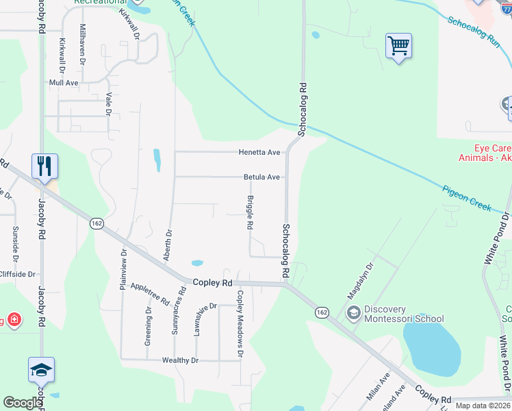 map of restaurants, bars, coffee shops, grocery stores, and more near 1215 Briggle Road in Akron