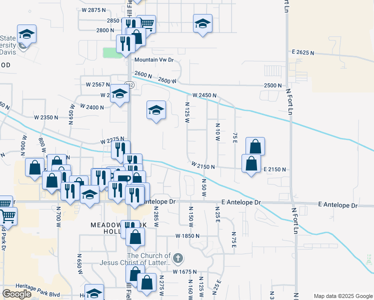 map of restaurants, bars, coffee shops, grocery stores, and more near 2090 125 West in Layton