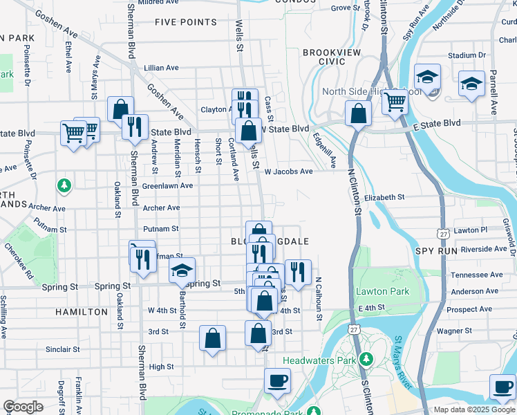 map of restaurants, bars, coffee shops, grocery stores, and more near 401 Archer Avenue in Fort Wayne