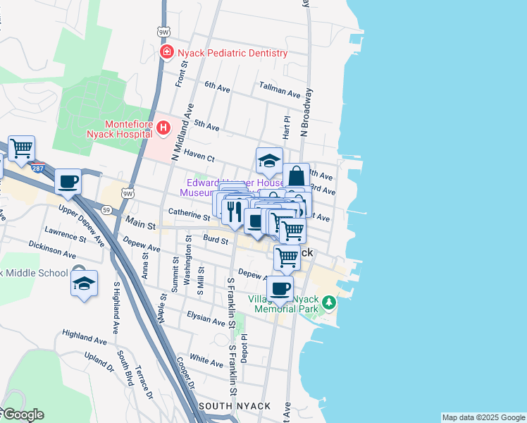 map of restaurants, bars, coffee shops, grocery stores, and more near 88 High Avenue in Nyack