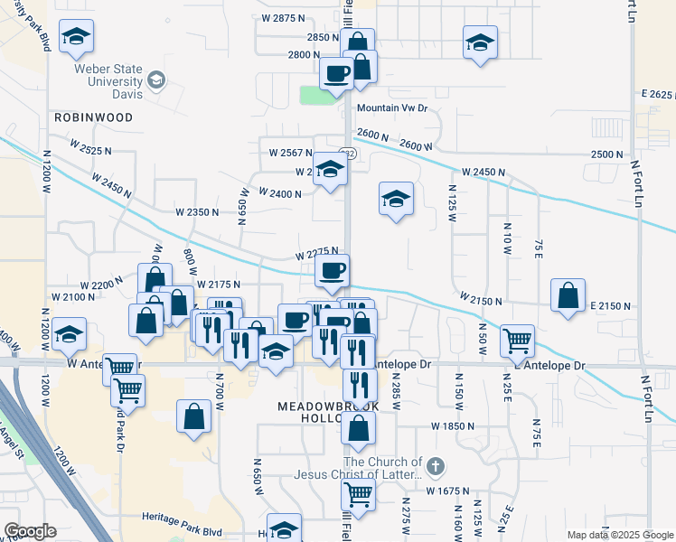 map of restaurants, bars, coffee shops, grocery stores, and more near 2234 North 450 West in Layton