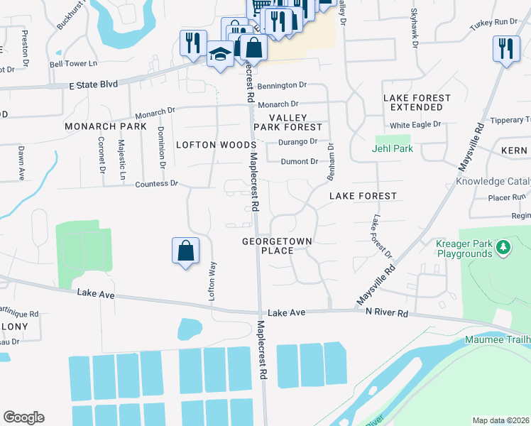 map of restaurants, bars, coffee shops, grocery stores, and more near 1421 Faulkner Court in Fort Wayne