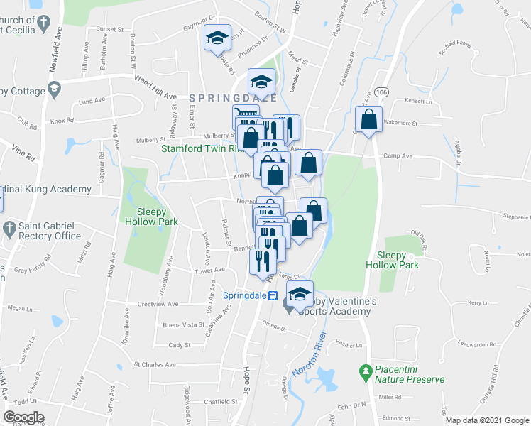 map of restaurants, bars, coffee shops, grocery stores, and more near 982 Hope Street in Stamford