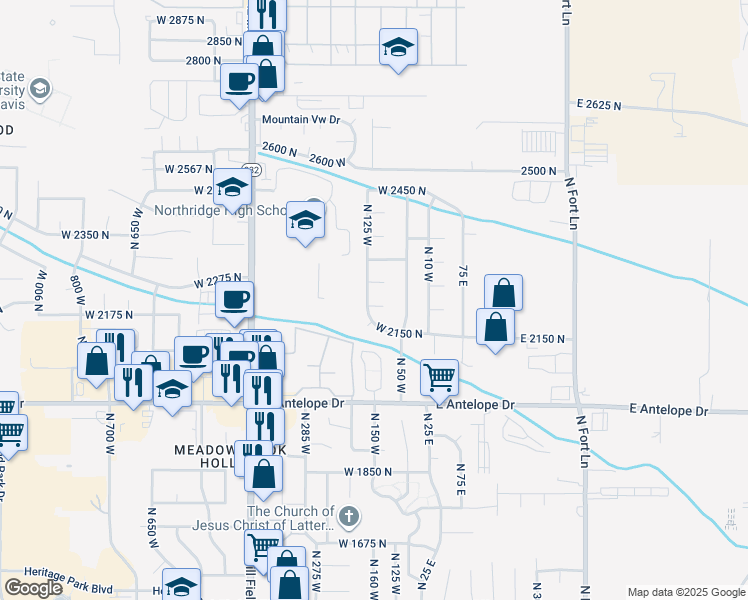 map of restaurants, bars, coffee shops, grocery stores, and more near 120 West 2200 North in Layton