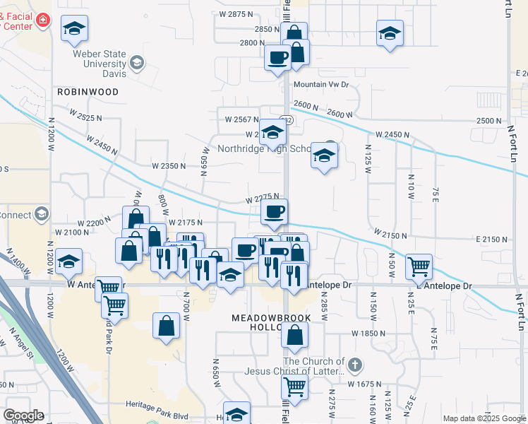 map of restaurants, bars, coffee shops, grocery stores, and more near 2233 North 475 West in Layton