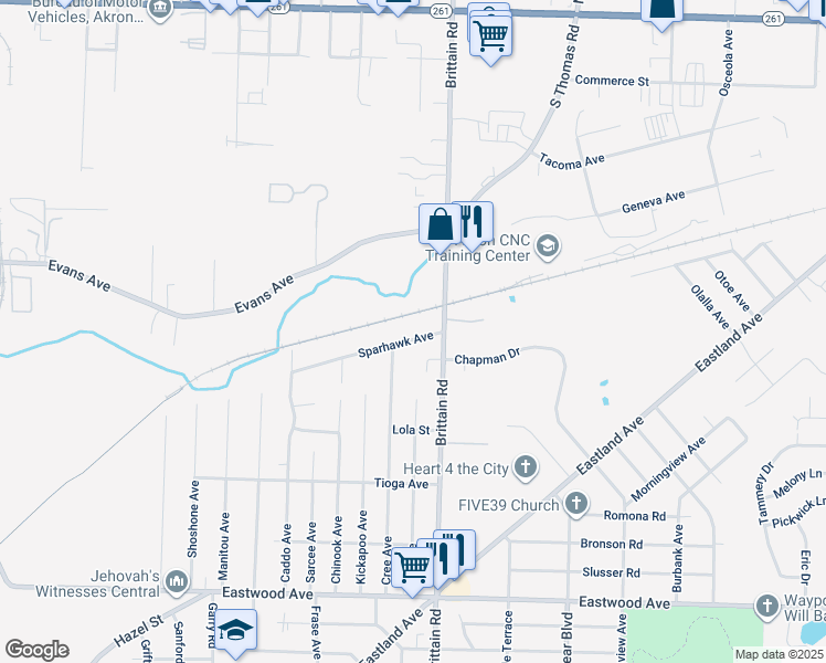 map of restaurants, bars, coffee shops, grocery stores, and more near 1341 Sparhawk Avenue in Akron