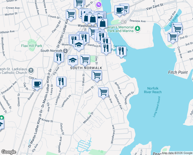 map of restaurants, bars, coffee shops, grocery stores, and more near 22-24 Woodward Avenue in Norwalk