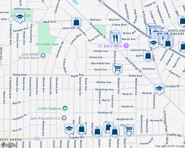 map of restaurants, bars, coffee shops, grocery stores, and more near 1085 Delia Avenue in Akron