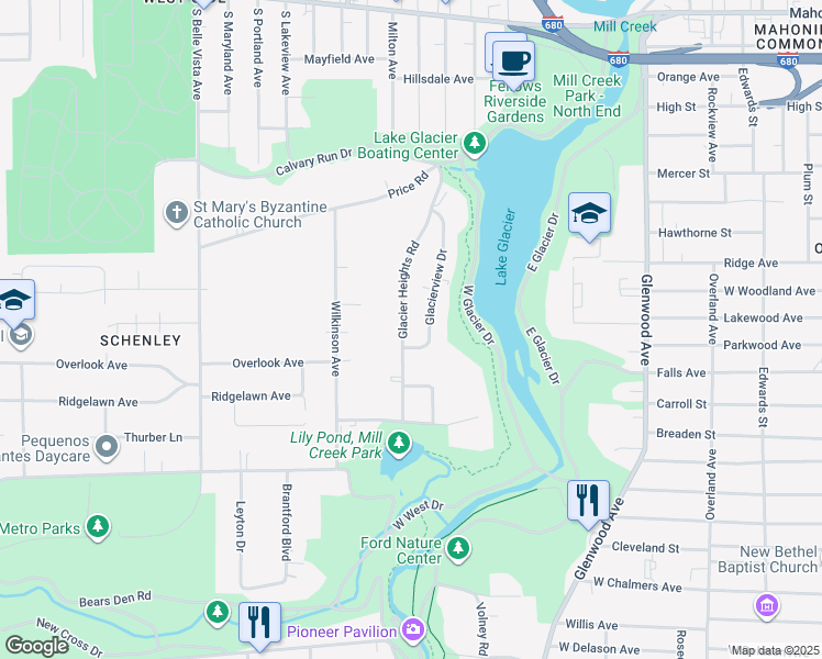 map of restaurants, bars, coffee shops, grocery stores, and more near 711 Glacier Heights Road in Youngstown