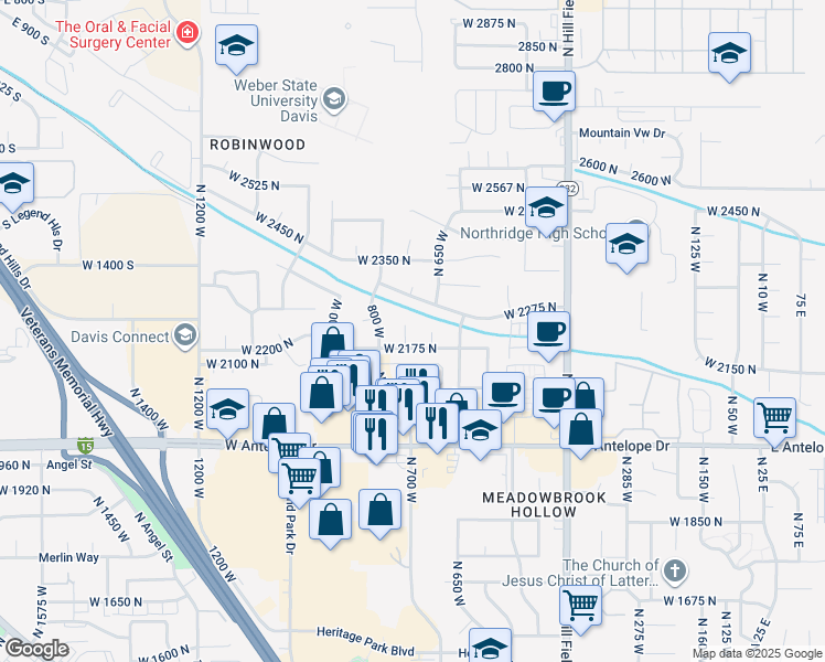 map of restaurants, bars, coffee shops, grocery stores, and more near 2206 North 725 West in Layton