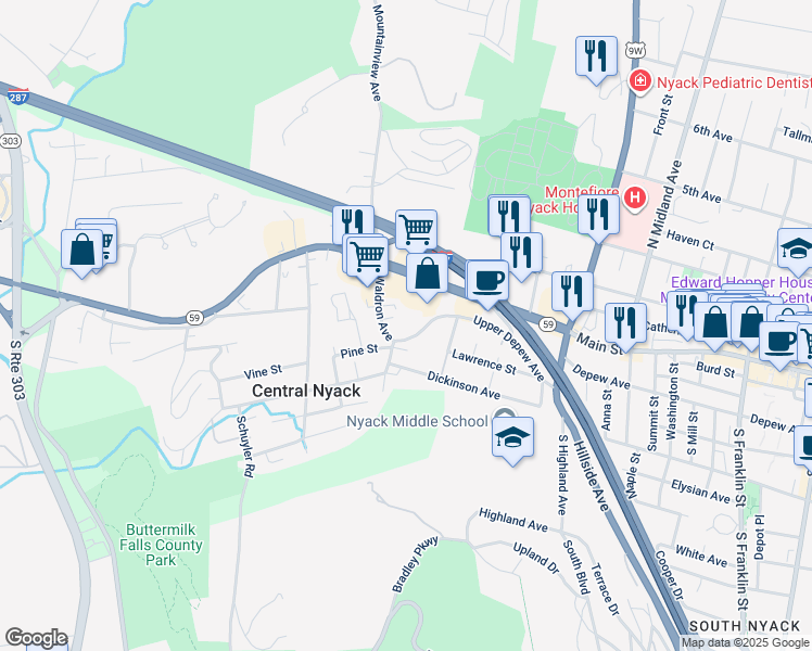 map of restaurants, bars, coffee shops, grocery stores, and more near 22 Upper Depew Avenue in Nyack