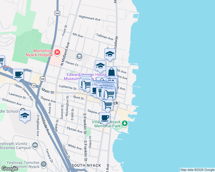 map of restaurants, bars, coffee shops, grocery stores, and more near 81 1st Avenue in Nyack