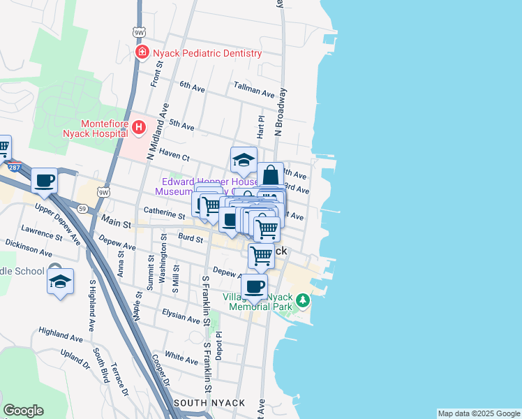 map of restaurants, bars, coffee shops, grocery stores, and more near 81 1st Avenue in Nyack