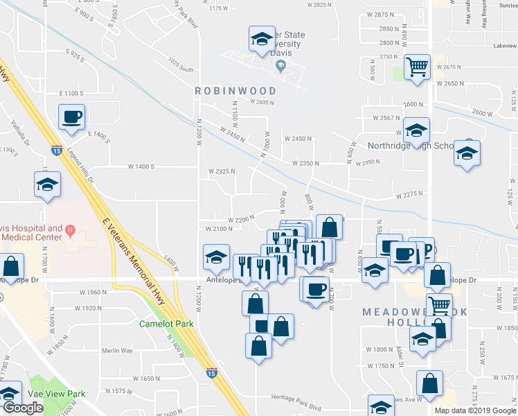 map of restaurants, bars, coffee shops, grocery stores, and more near 1020 West 2200 North in Layton